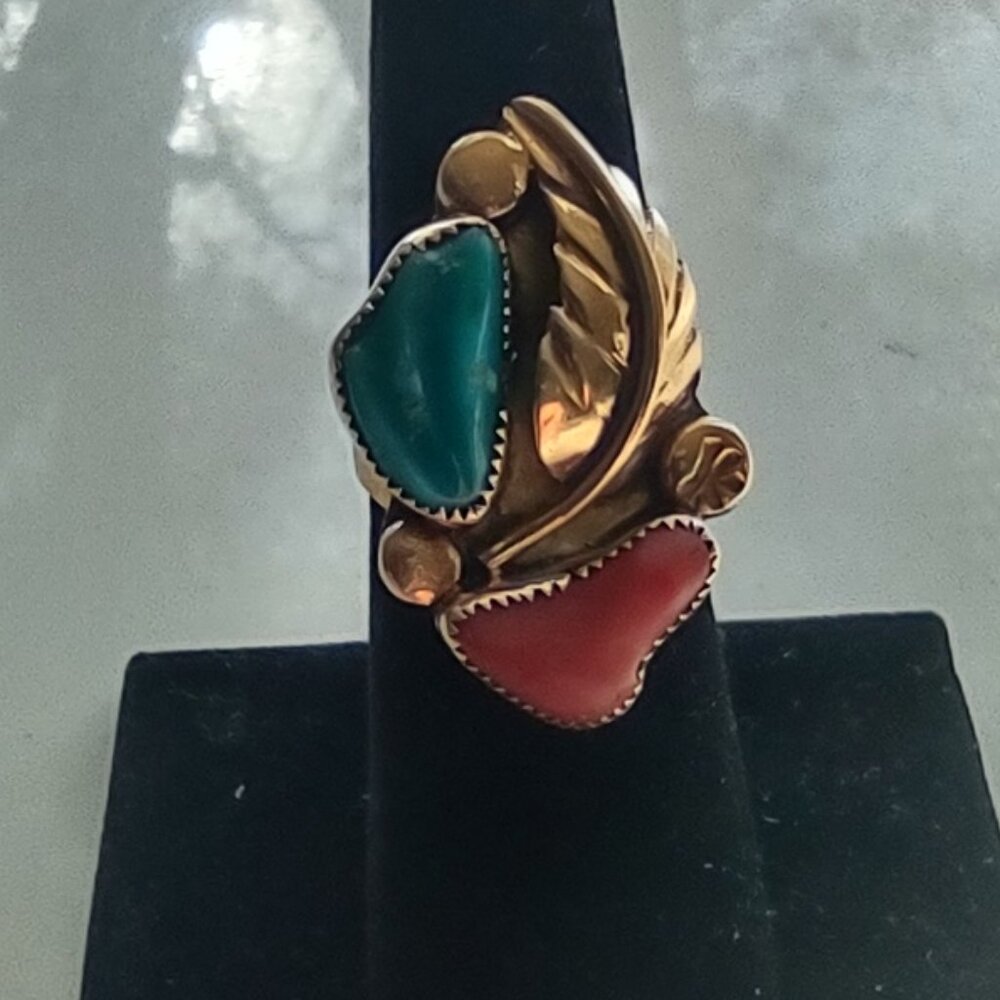 Ben Eustace Sterling Silver Carved Turquoise, Coral Floral Leaf Ring Size: 6